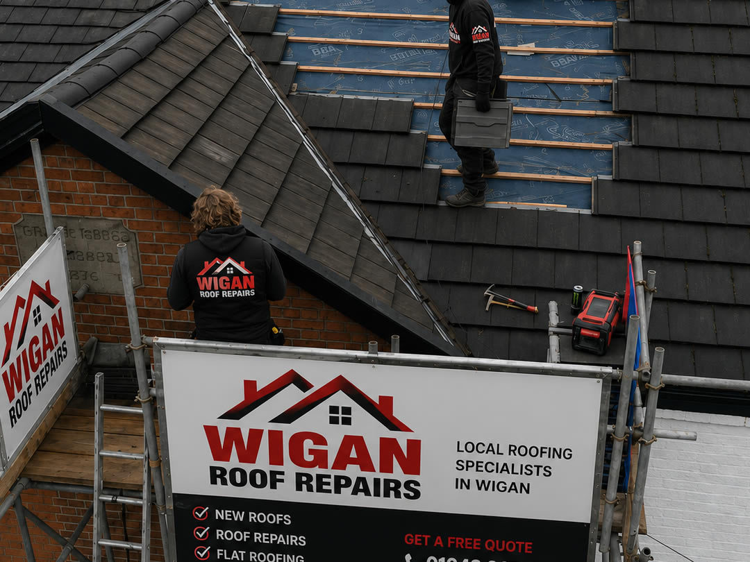 Re-roofing and roof tiling in progress by Wigan Roof Repairs